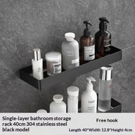 Black stainless steel bathroom storage rack with dimensions and mounting hardware visible