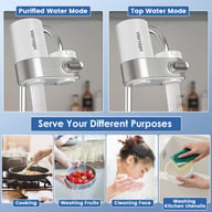 Faucet filter showing filtered and tap water modes for cooking and cleaning
