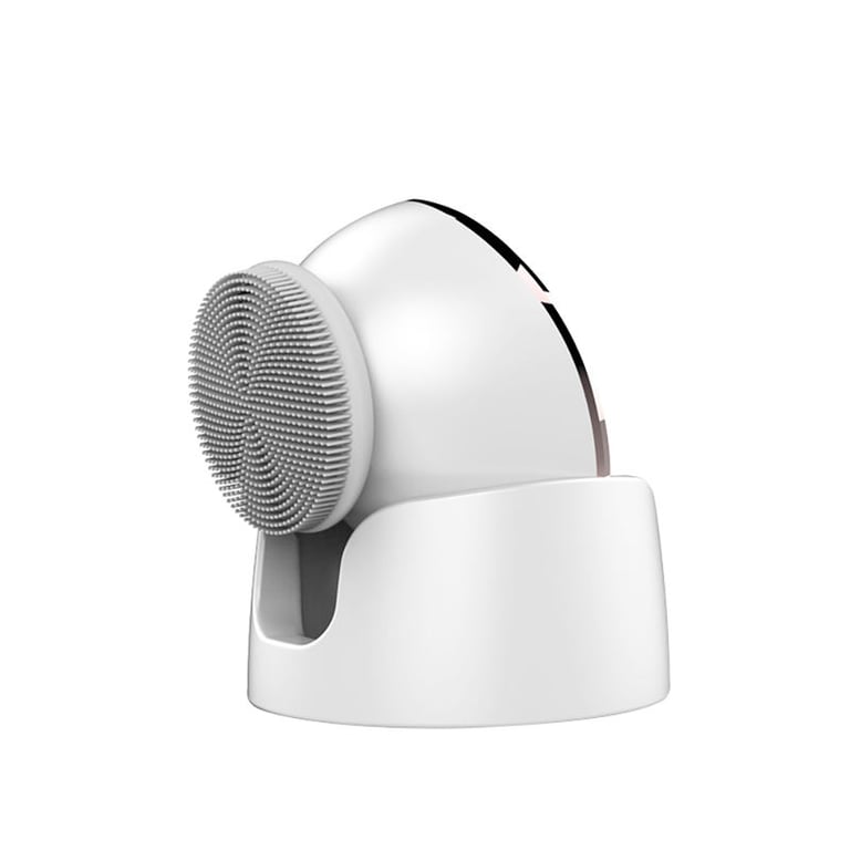 Close-up of silicone facial cleansing brush bristles on charging base showing professional design