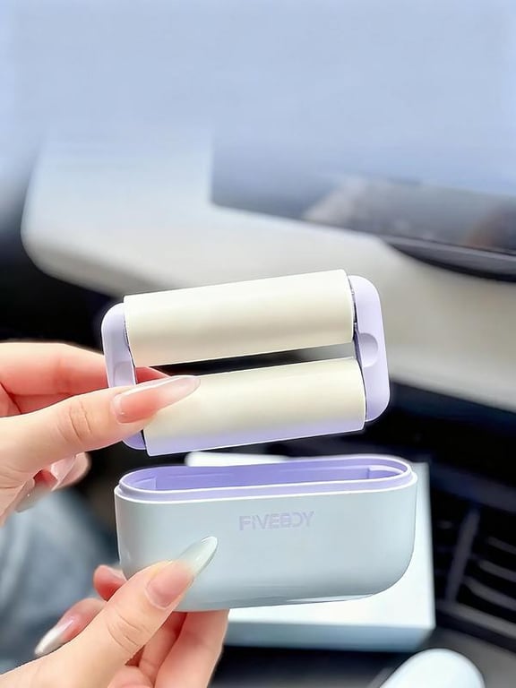 Portable pet hair remover with lid, palm-sized design in hand