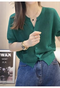 Womens Round-neck Blue Ice-silk Knitted T-shirt Top — view 11