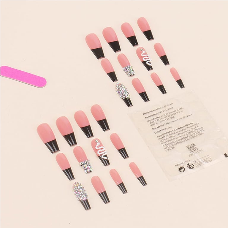 Packaging of 24 PCS diamond snake press-on nails with RoHS compliance certificate