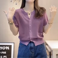 Womens Round-neck Blue Ice-silk Knitted T-shirt Top — view 7