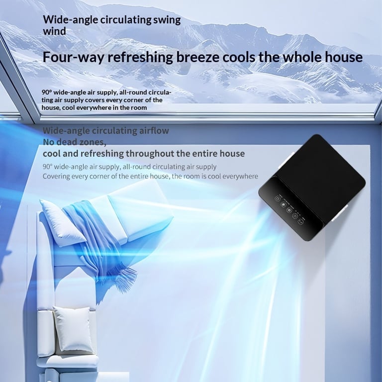 Mini cooling fan on desk next to laptop in home office