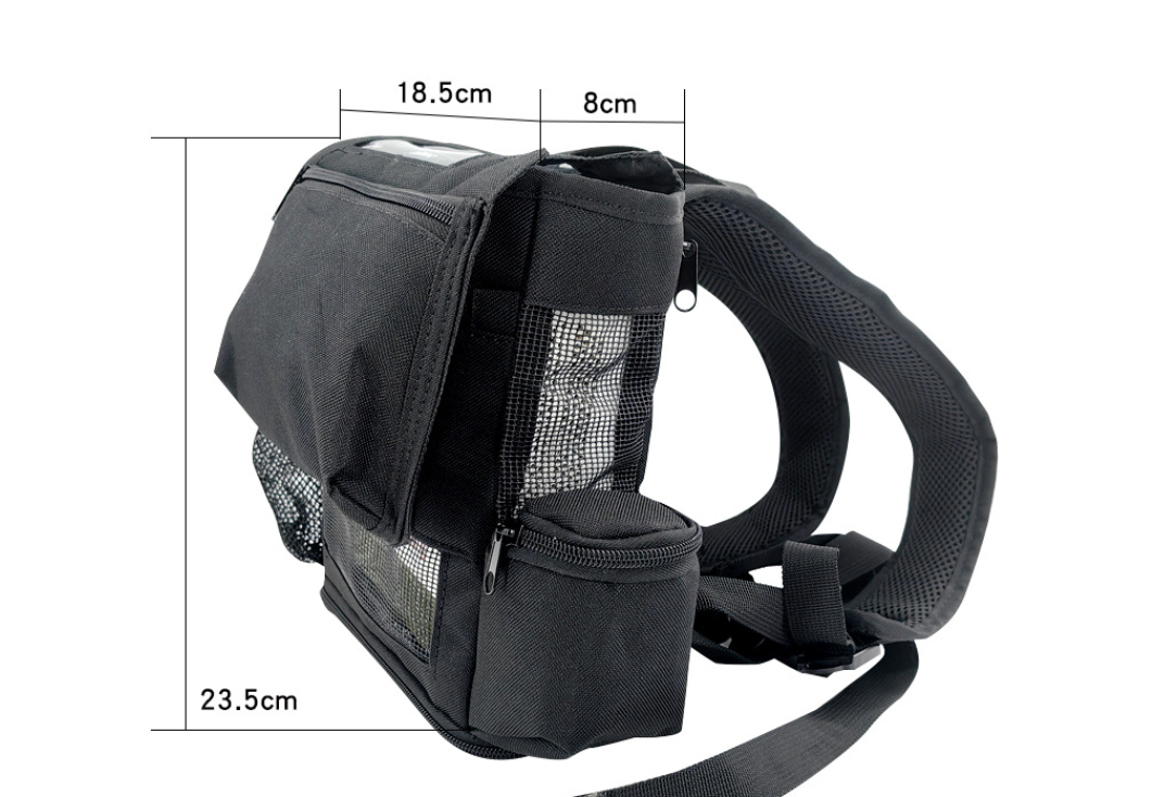 Angled view of black oxygen concentrator backpack showing durable construction