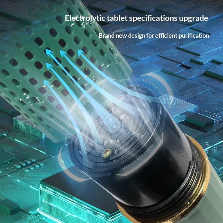 Close-up of purifier internals showing electrolytic tablet technology and sterilization specs