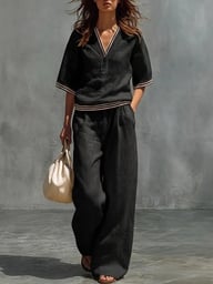 Cotton-Linen V-Neck Shirt & Pants Set | Casual Comfort — view 19