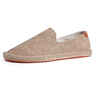 Beige, black, and white canvas men's slip-on espadrilles displayed together