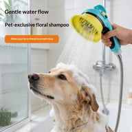 Dog enjoying calm bath with pet shower head and massage bristles