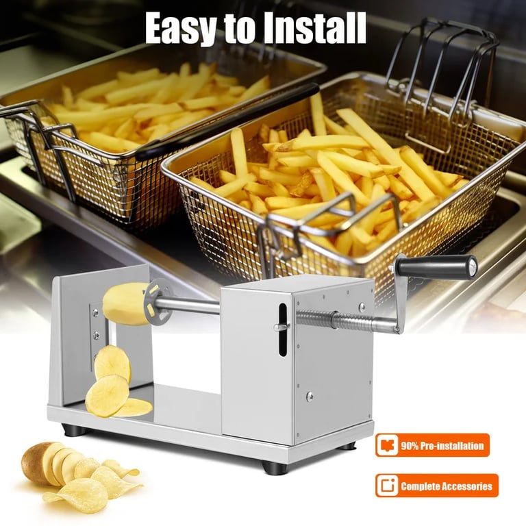 Stainless steel spiral cutter producing uniform potato fries in seconds