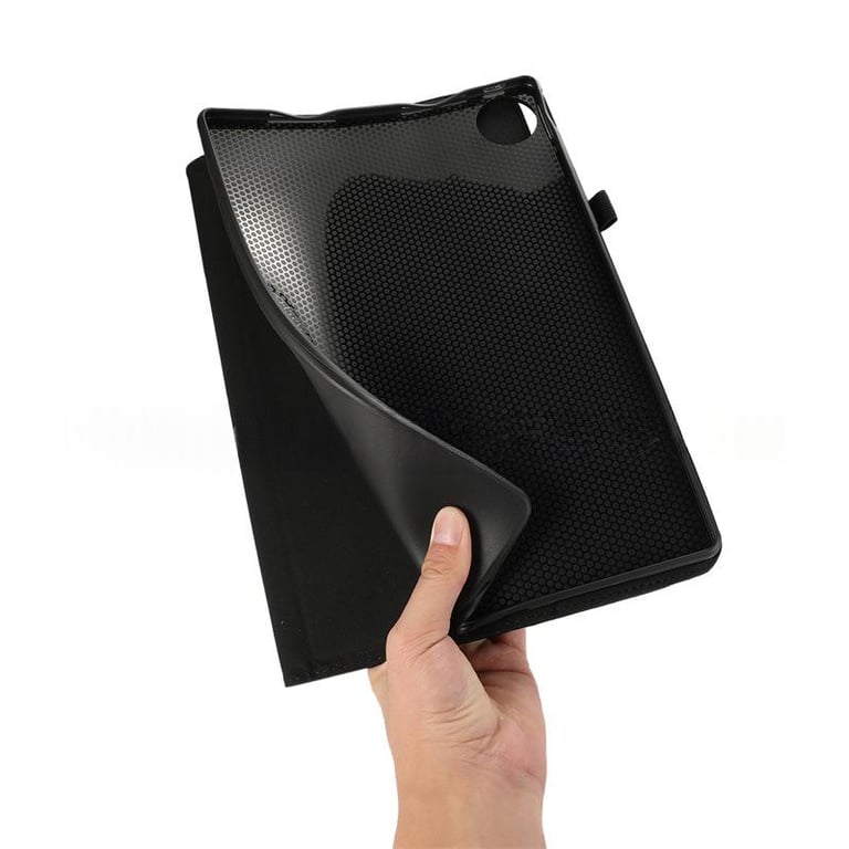 Close-up of woven leather texture and stitching detail on tablet case