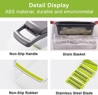 Vegetable chopper with hand guard, drain basket, and ergonomic lever-press handle for safe food prep