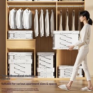 Stacked foldable storage cabinets with blue floral fabric liners, bedroom organization