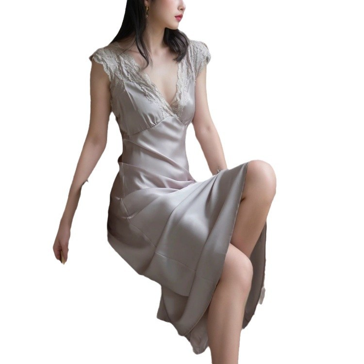 Slim-Fit French-Style Ice-Silk Long Nightgown | Lace Trim