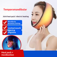 Woman wearing orange TMJ heat therapy device for jaw pain relief