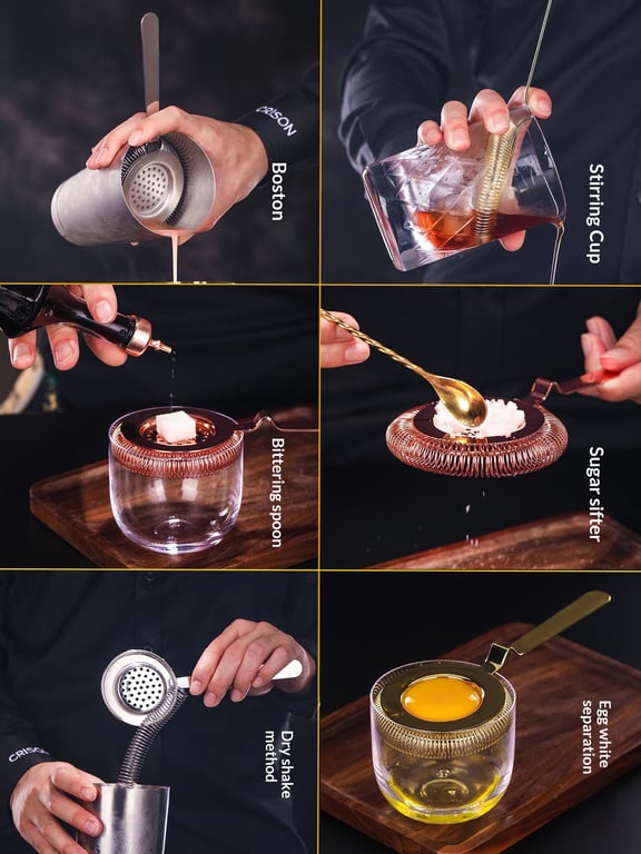 Cocktail being strained from shaker using Hawthorne strainer, clear liquid result