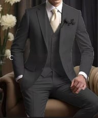 Gray three-piece dress suit with notched lapel jacket and five-button vest