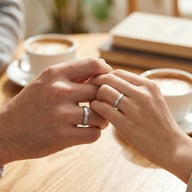 Couple wearing matching adjustable sterling silver rings, holding hands