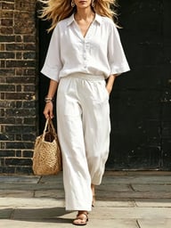 Women's Linen Two-Piece Set | Short-Sleeve Shirt & Loose Pants — view 16