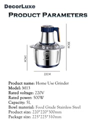Product dimensions and specifications for 5L stainless steel meat grinder