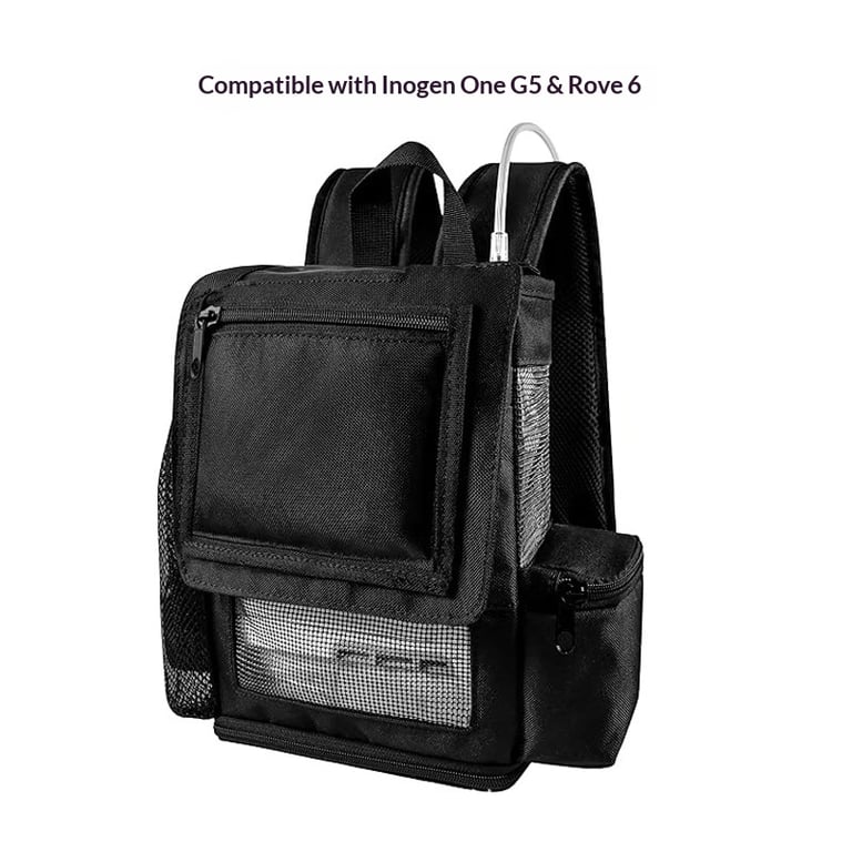 Oxygen concentrator bag dimensions and front view showing Inogen G5 compatibility