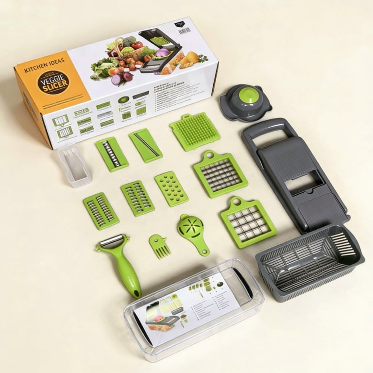 Close-up of mandoline slicer producing perfectly uniform vegetable slices