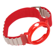 Angled view showing red Google Pixel watch band strap and bumper case assembly