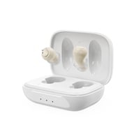 In-ear hearing aids displayed in open white magnetic charging case