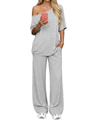 Off-Shoulder Loose Two-Piece Set | Wide-Leg Pants & Casual Top — view 14