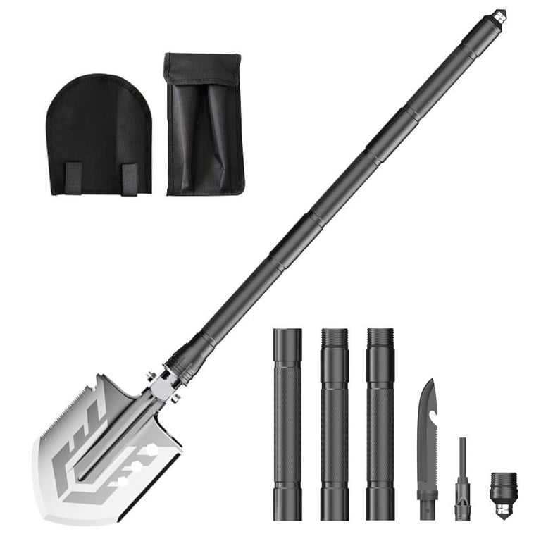 Fully extended folding shovel next to compact carrying case