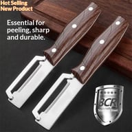 Two stainless steel kitchen peelers with wooden handles, close-up view