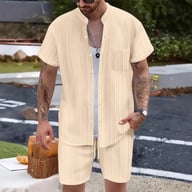 Men's Casual Stand Collar Ribbed Shirt & Shorts Set | Two-Piece — view 5