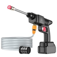 Close-up of portable high-pressure car washer and accessories