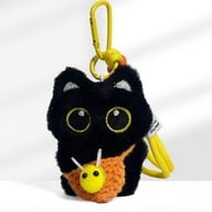 Black cat plush keychain with orange bee bib and yellow metal clip