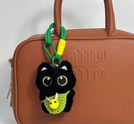 Black cat cute charm keychain with green bee bib and rope lanyard
