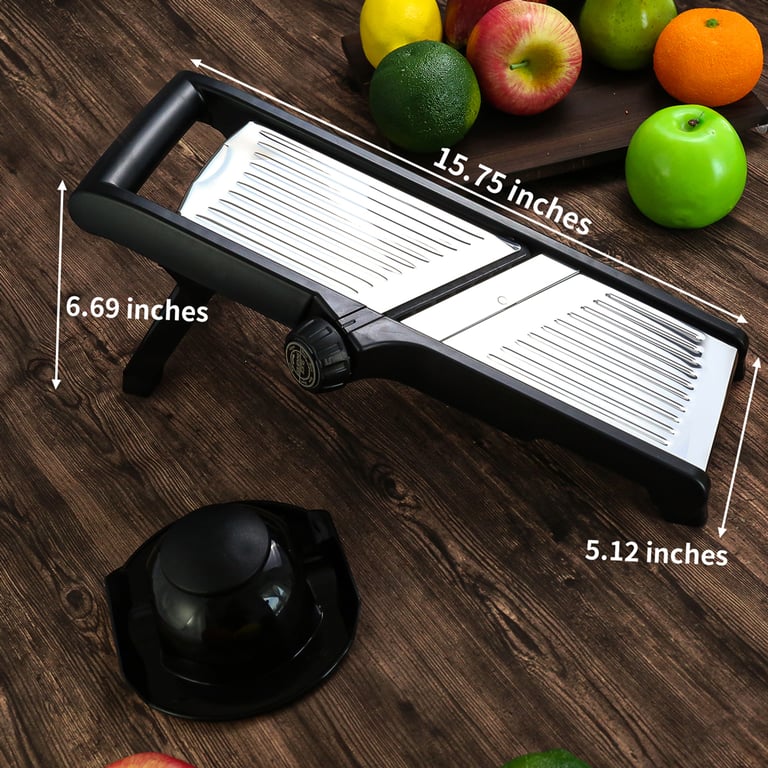 Mandoline slicer with safety food holder on white background