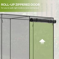 Zippered roll-up door feature on black mesh plant protection tent