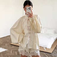 Off-White Ice-Silk Satin Lace-Trimmed Tie-Front Womens Pajama Set — view 6