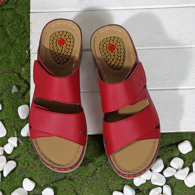 Five colour options of women's slip-on sandals displayed on neutral background