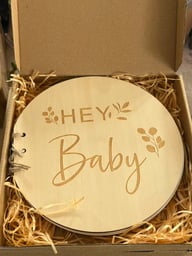 Round Wooden Hey Baby Guest Book, Laser Engraved Floral Baby Shower Signature Book, Natural Wood Baby Baptism Sign-in Book For Gender Reveal Party Decor — view 6