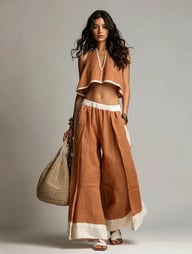 Woman styled in rust-colored crop top and wide-leg pants bohemian set