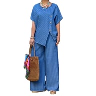Blue striped two-piece set with wide-leg pants and asymmetrical shirt design