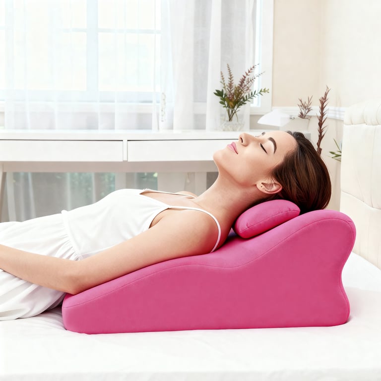 Woman using phone while supported by pink ergonomic pillow