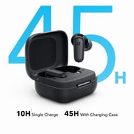 Black noise-canceling earbuds and case with 45-hour battery indicator