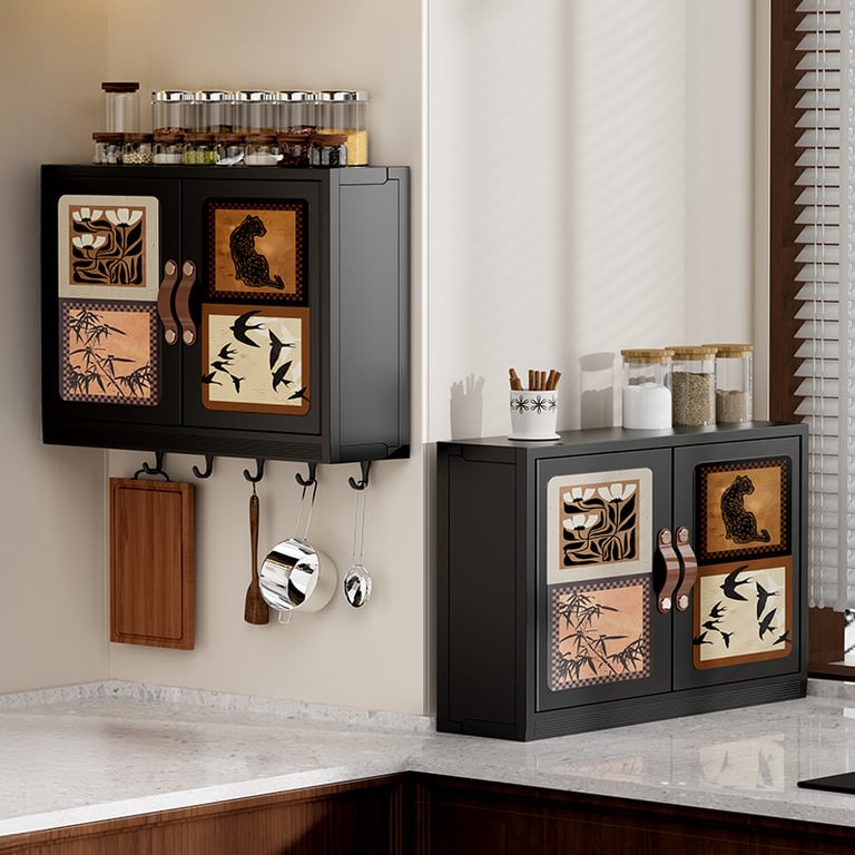 Wall-mounted cabinet in kitchen setting storing jars, utensils, and linens