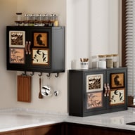 Wall-mounted cabinet in kitchen setting storing jars and utensils