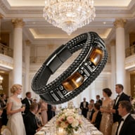 Tiger eye stone bracelet floating in elegant ballroom setting, luxury presentation