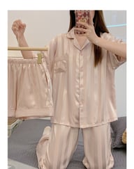 Womens Summer High-End Ice Silk Short-Sleeve Pajama Set 3 Pieces — view 2