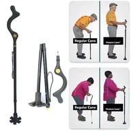 Posture cane ergonomic handle, multi-pronged base, and adjustable height mechanism