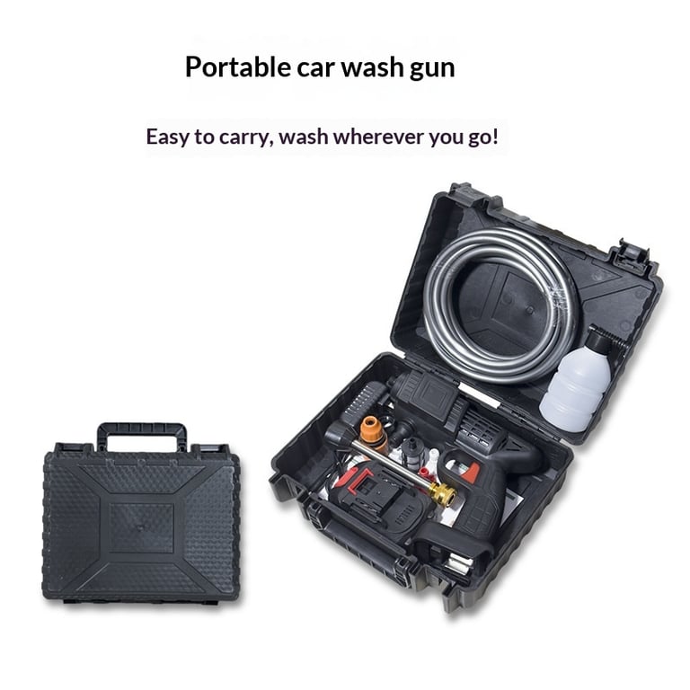 Close-up of portable high-pressure car washer and accessories